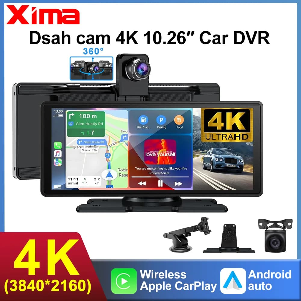 XIMA Dash Cam 10.26 pollici 4K DVR Wireless CarPlay e Android Auto Dashcam Bluetooth Audio Navigazione GPS Cruscotto Doppia lente Video