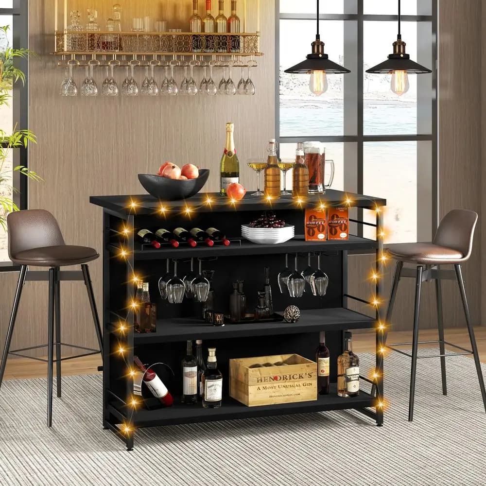 Mobile Bar per Casa, Tavolo Bar a 4 Ripiani con Poggiapiedi, Portabottiglie, Portabicchieri, Mini Bar Angolare Industriale