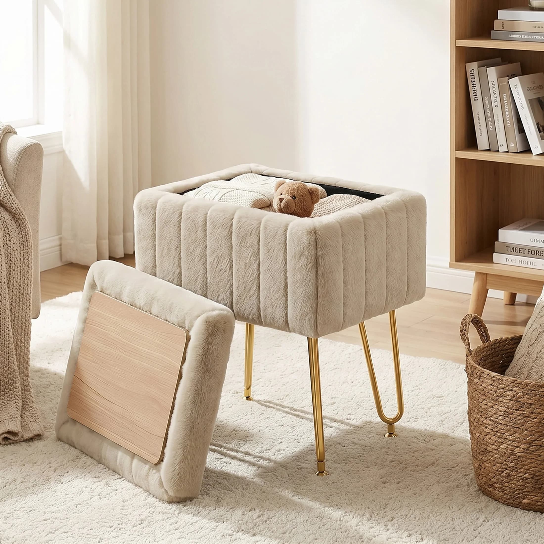 JHK Ottoman Faux Fur Vanity Stool Chair with Storage Padded Makeup with 4 Metal Legs Anti-Slip Adjustable Feet Living Room Hidden Storage Stools for Home Entryway