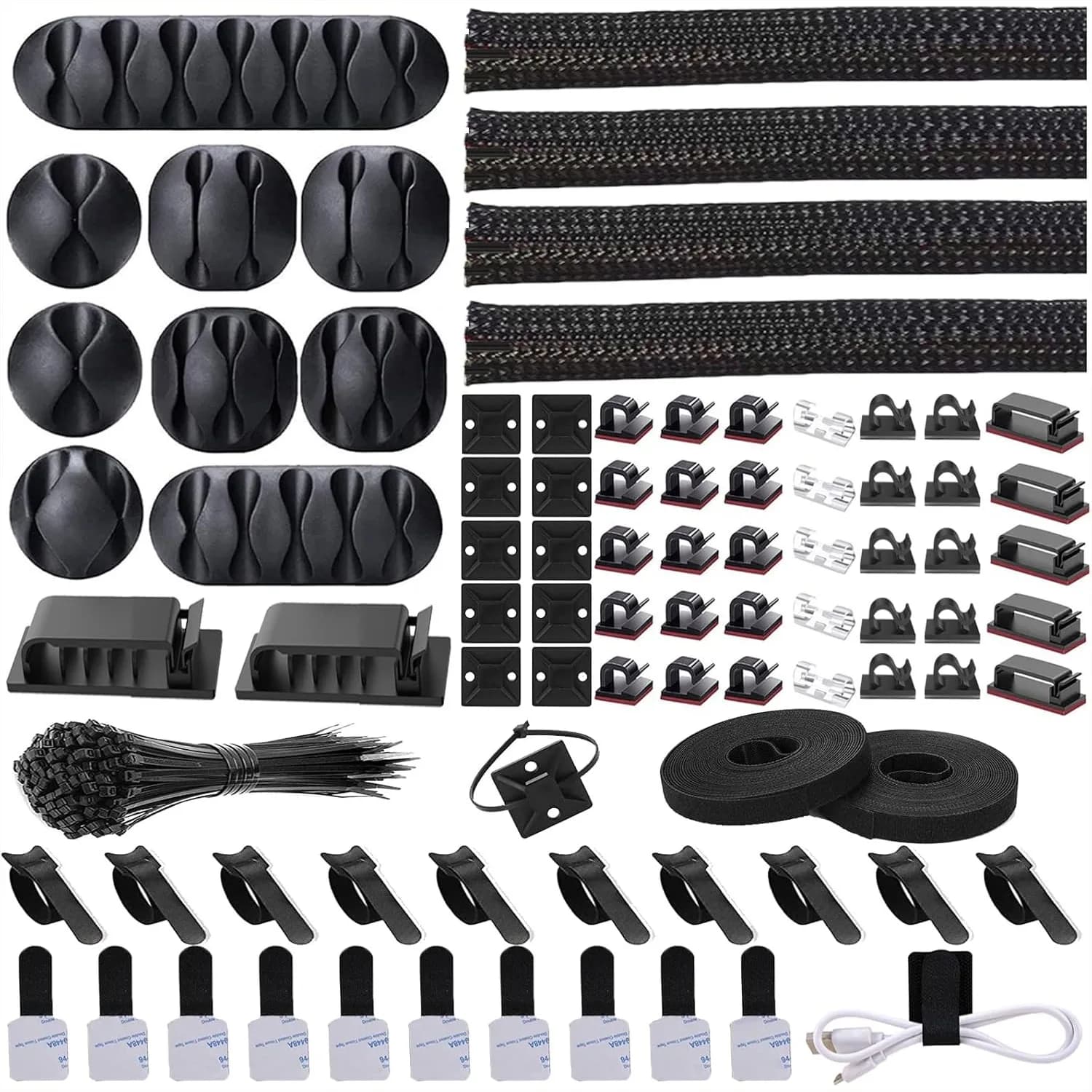 Kit Organizzatore per la Gestione dei Cavi: 4 Guaine Divisibili per Cavi con 41 Clip Autoadesive, 10 Pezzi e 2 Rotoli di Fascette Autoadesive, 100 Fascette di Fissaggio per TV, Ufficio, Auto, Scrivania, Casa