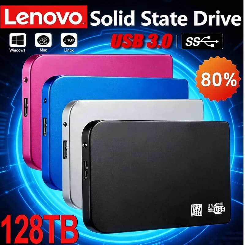Enclosure SSD Lenovo 128TB ad Alta Velocità, Case Esterno USB 3.0 per Disco Rigido, Box Portatile per HDD/SSD con Cavo, Materiale ABS