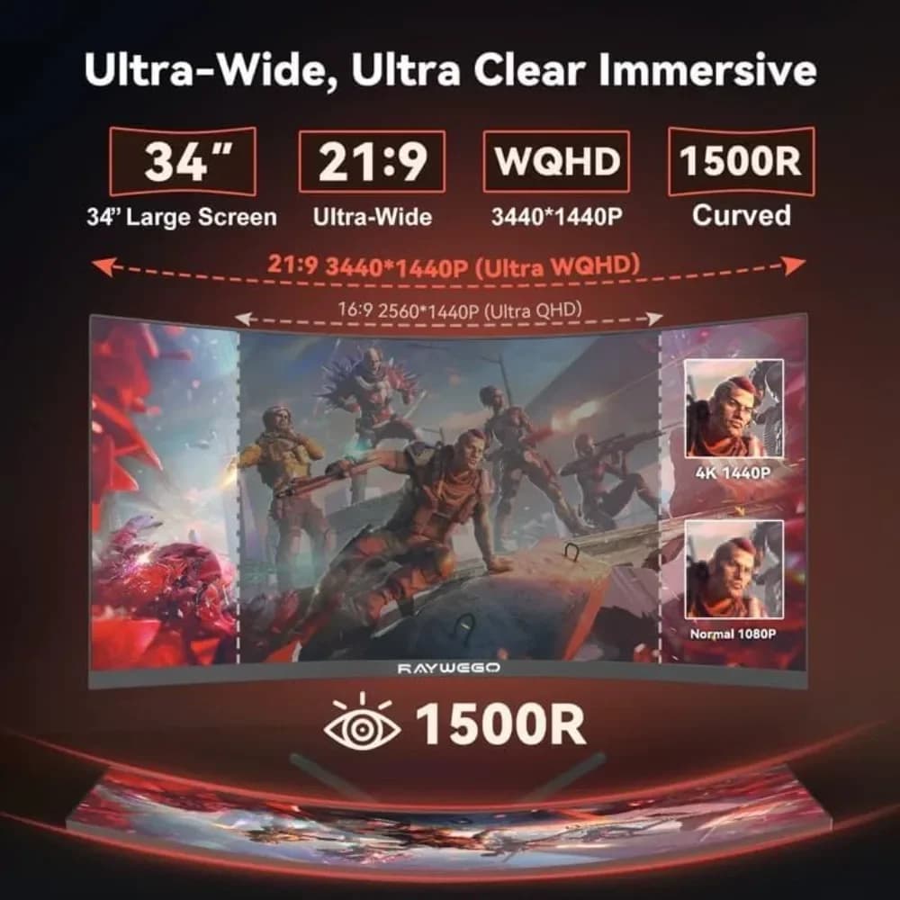 Monitor da Gaming Curvo 34 Pollici WQHD 3440x1440 165Hz 1ms Ultrawide 127% sRGB con Supporto Regolabile in Altezza, Spedizione dagli USA