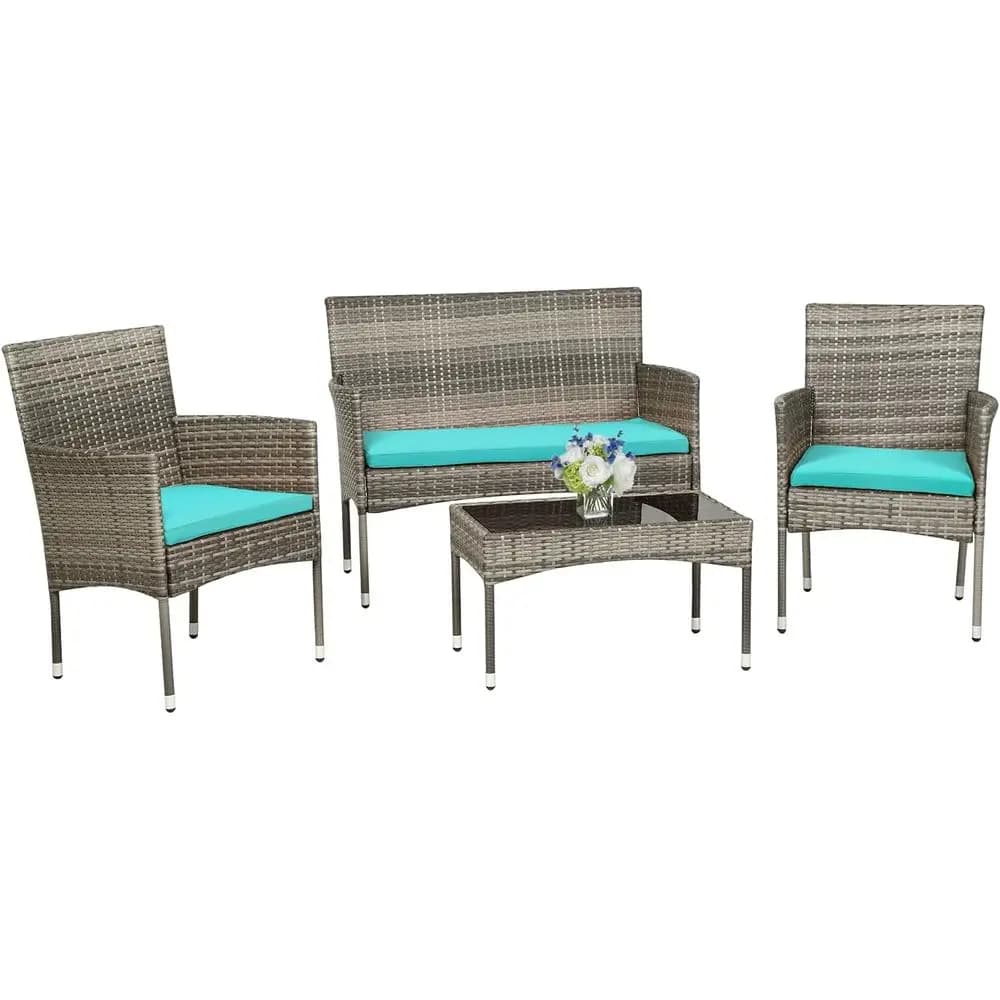 Set di mobili da giardino per esterni in 4 pezzi con 3 sedie in rattan e tavolo in vetro temperato, resistente all'acqua, vimini grigio/cuscini blu