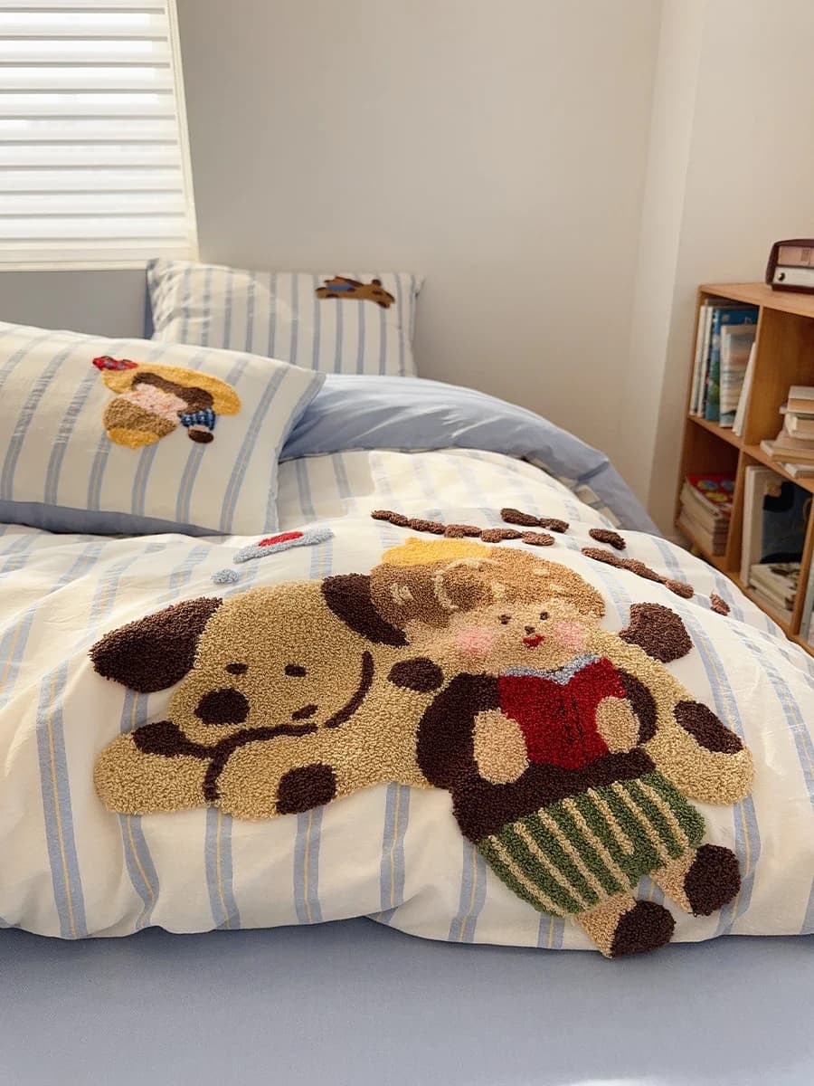 Bed linen set in Pure Cotton Washed for Baby and Dogs, Three Pieces, Embroidered Bed linen, Cover, Shell style
