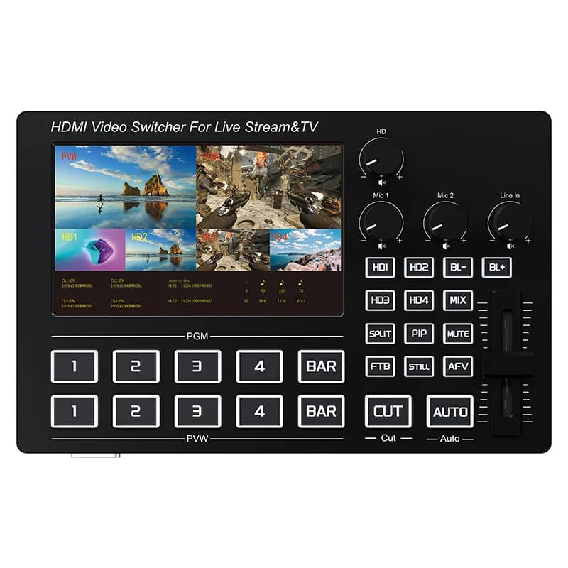 Mixer Video HDMI 4 Channels 1080P for Live Streaming, Video Switcher for Broadcasting with 5 Inch Screen, Microphone Input and Audio Mixing