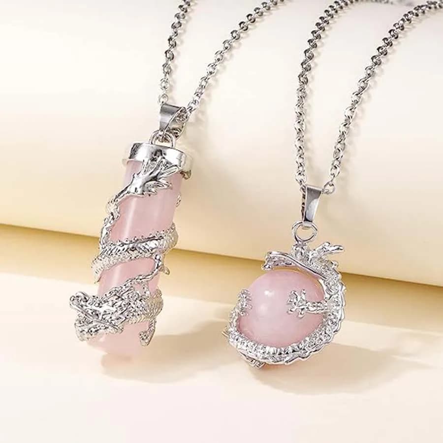 Collane con ciondolo in pietra cilindrica con sfera rotonda di drago di cristallo per le donne Gioielli per amanti con ciondolo in pietra preziosa di quarzo rosa con ametista naturale