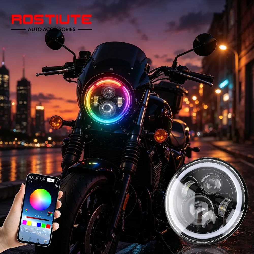 RGB 7Inch Motorcycle LED Headlight Round Headlamp with Halo Ring DRL Hi/Lo Beam DRL Led Headlights 12V Bluetooth APP Control