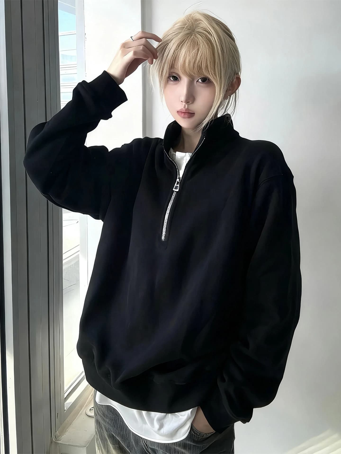 American Style Black Half Zipper Hoodie Unisex Heavyweight Space Cotton Long Sleeve T-Shirt High-End Feeling Stand Collar Jacket
