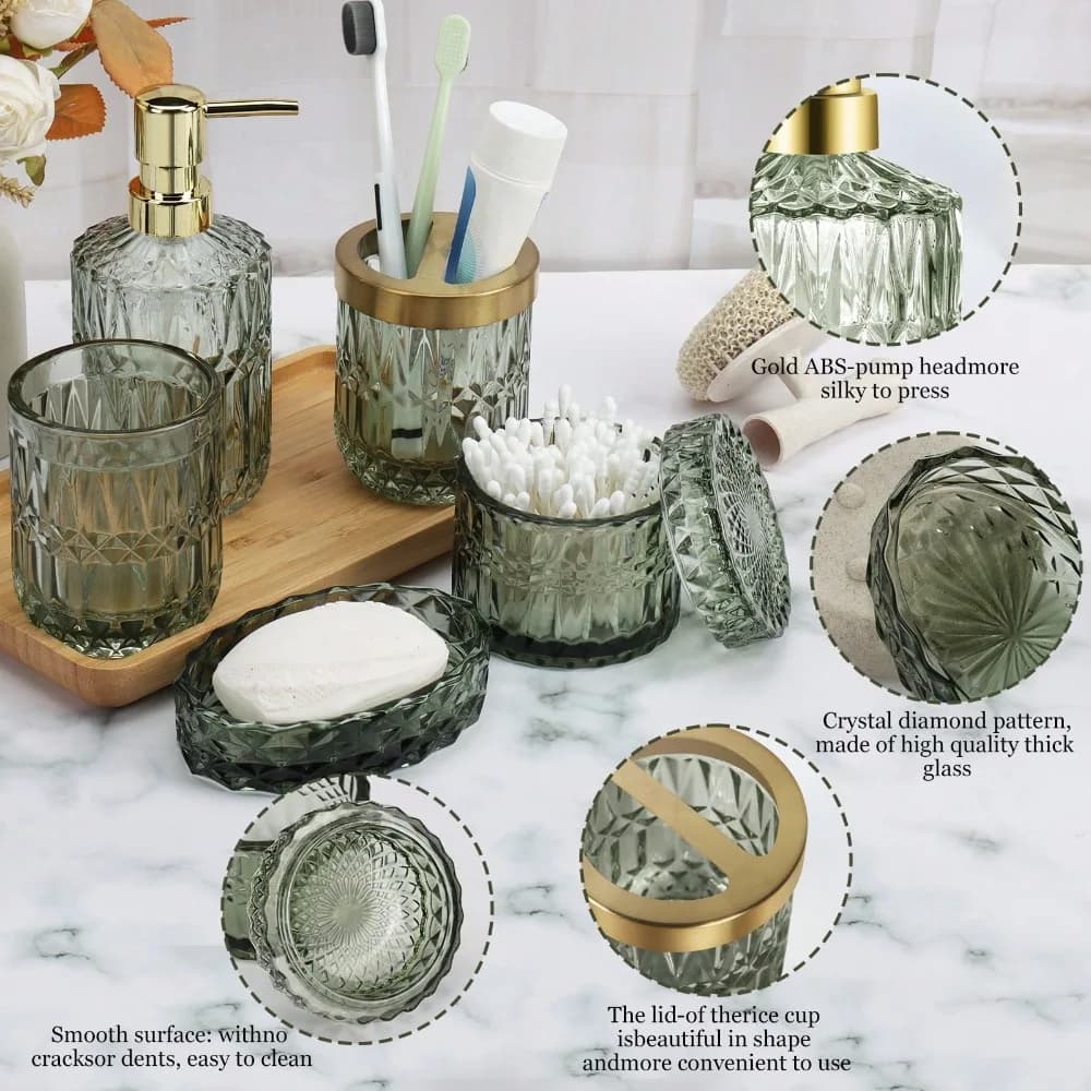 Set di Accessori per il Bagno, 5 Pezzi in Vetro con Dispenser per Sapone Liquido, Portasapone, Portaspazzolino, Porta Asciugamani