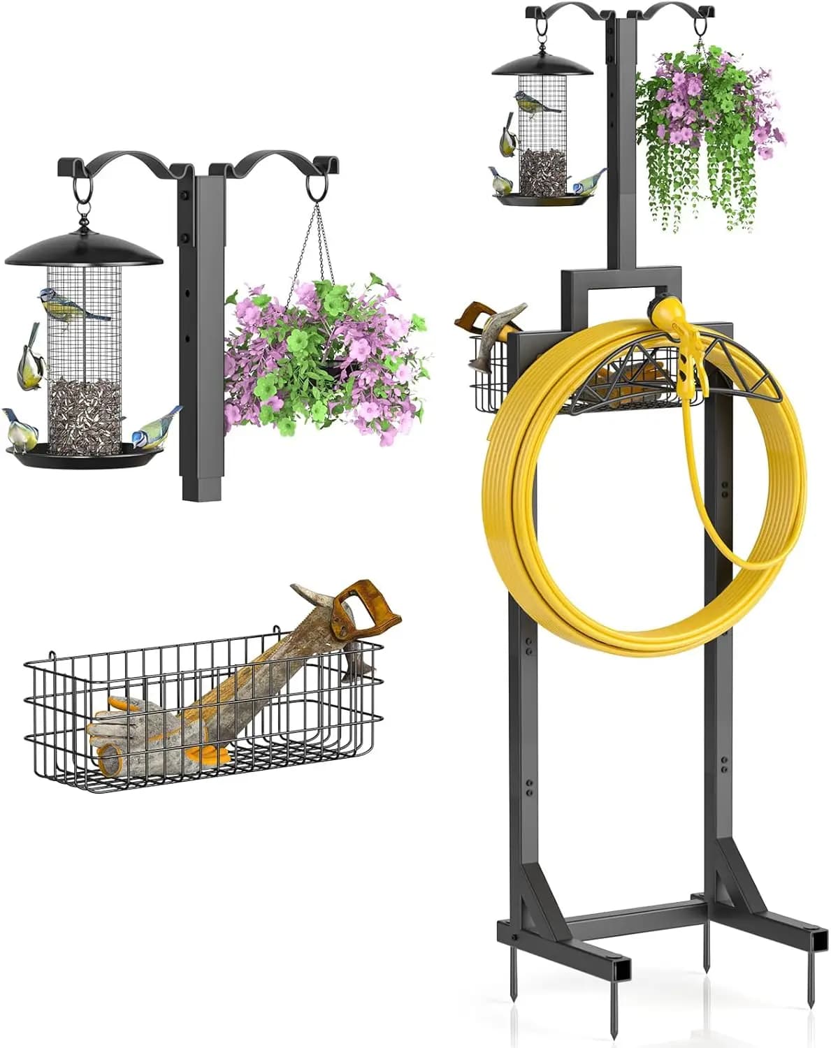 Supporto per tubo da giardino indipendente per carichi pesanti con cestello portaoggetti e ganci, contiene tubi da 150 piedi per cortile, fattoria, facile installazione