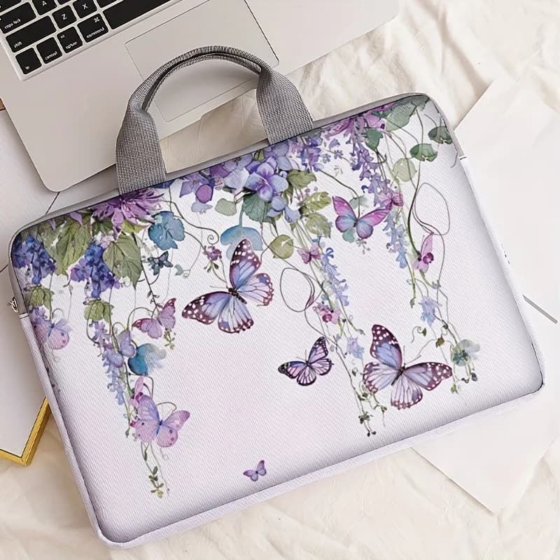 Set monopezzo, due stili, borsa per laptop e valigetta con motivo a farfalla viola, adatto per laptop da 14 pollici