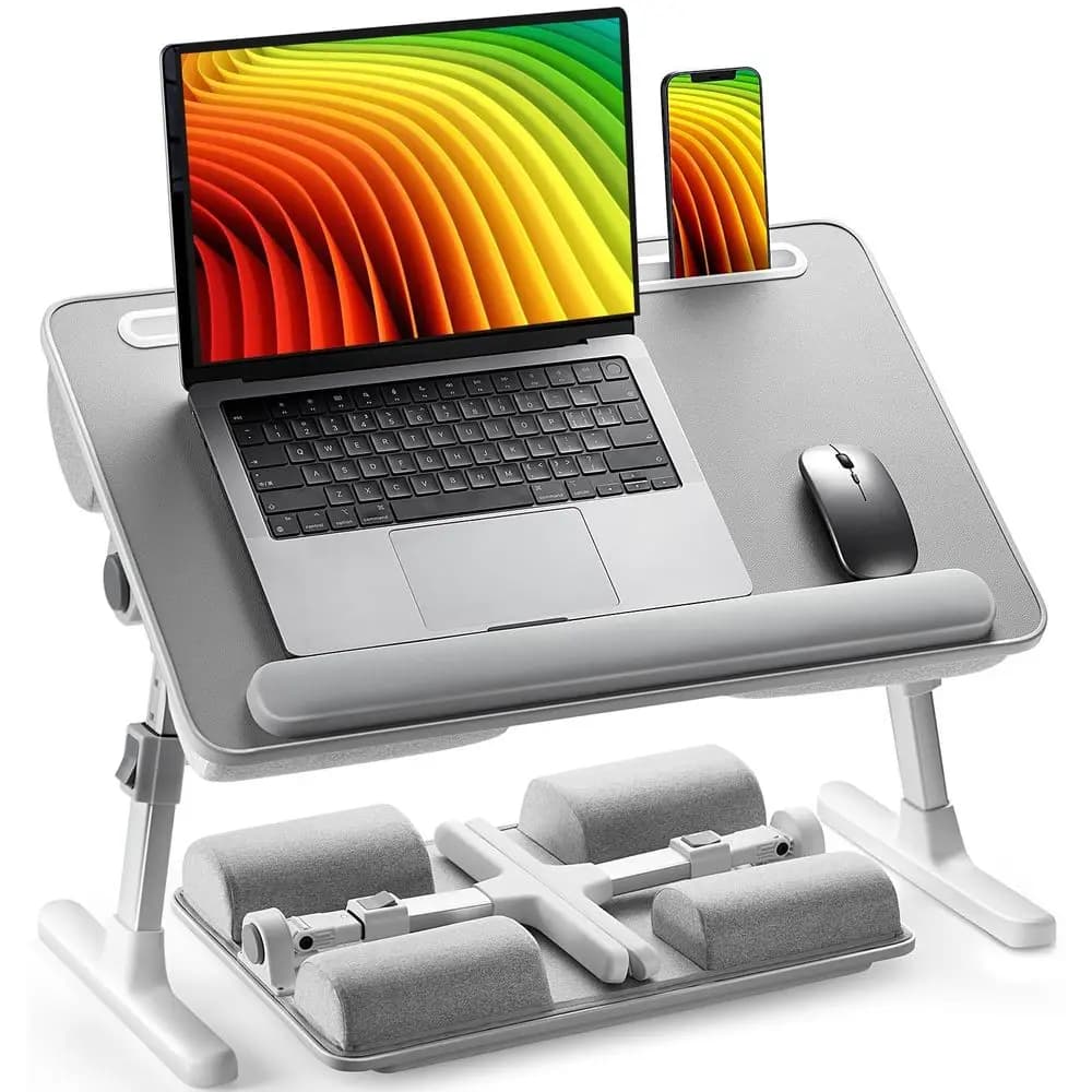 Scrivania Pieghevole con Supporto Monitor Regolabile e Ripiano Portaoggetti, Scrivania Piccola da 63 cm con Ruote, Tavolo Mobile per Piccoli Spa