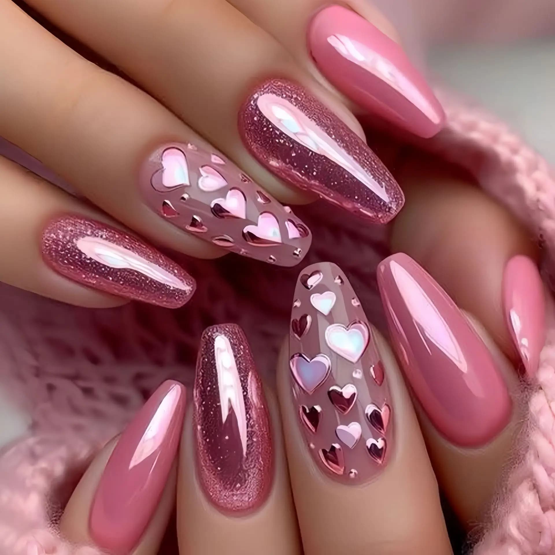 Medium-length fake nails, design with pink and blue hearts, for weddings, Valentine's Day, parties, square ballet tips, fake nails at pressure.