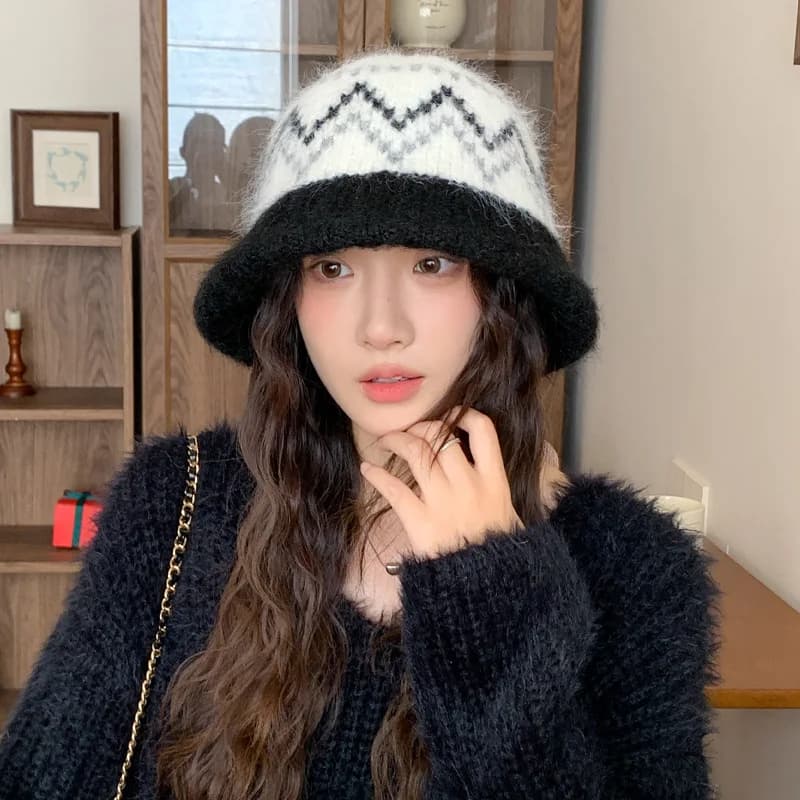 Cappello invernale coreano da donna, caldo e alla moda, versatile, lavorato a maglia, stile pescatore, per teste grandi, modello bucket hat.