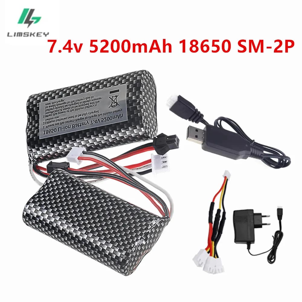 Batteria agli ioni di litio da 7,4 V 18650 SM-2P 5200 mAh per WPL MN99S D90 U12A S033g Q1 H101 Rc Barche Auto Batteria o caricabatterie da 7,4 V