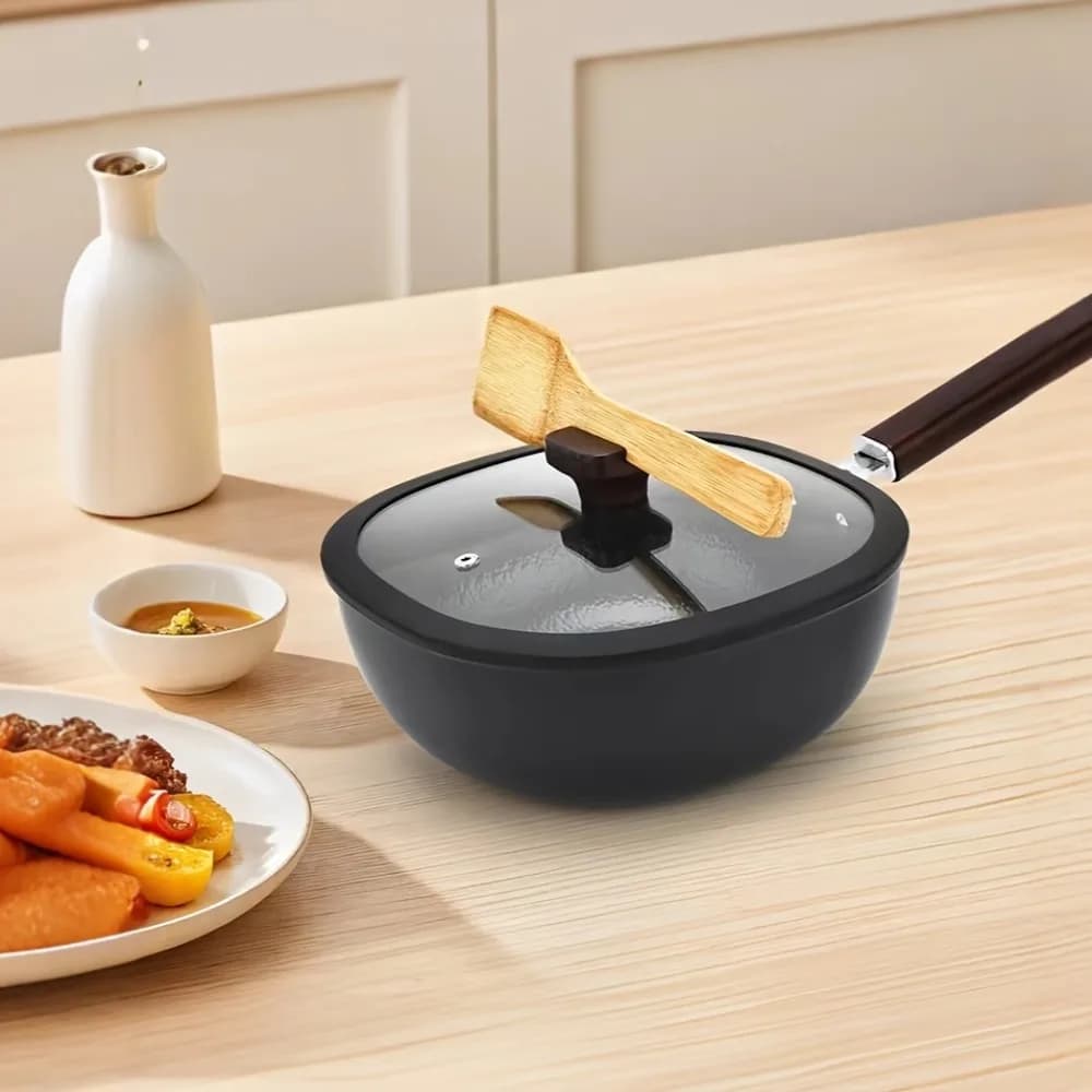 Padella Quadrata Universale in Ferro Raffinato Senza Rivestimento, Wok a Fondo Piatto con Manico in Legno e Coperchio Trasparente, Padella Antiaderente per Fornello