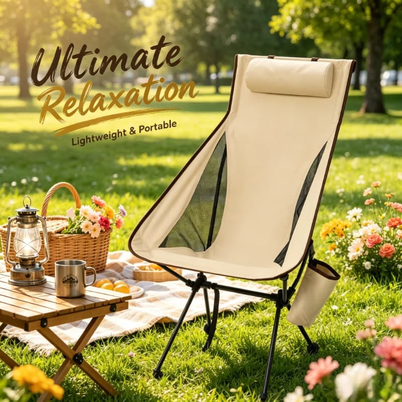 Lightweight Folding Camping Chair, Aluminum Alloy Frame with Padded Headrest, Portable Seat for Fishing & Outdoor Use