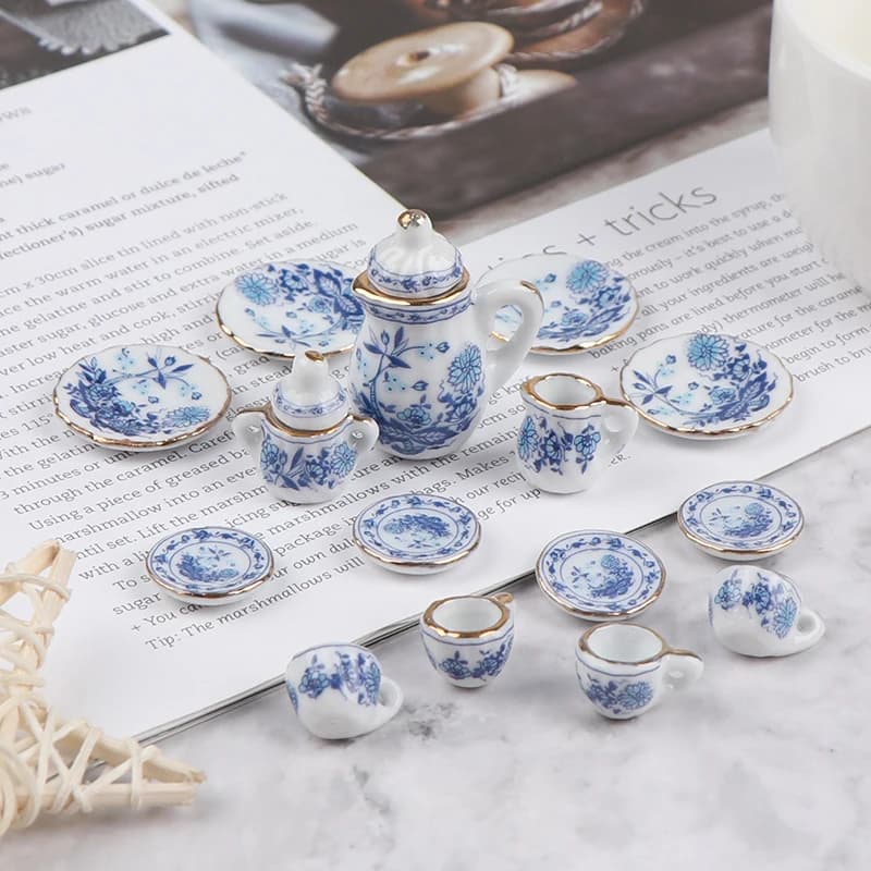 15Pcs High Quality 1:12 Dollhouse Miniature Tableware Porcelain Ceramic Tea Cup Set