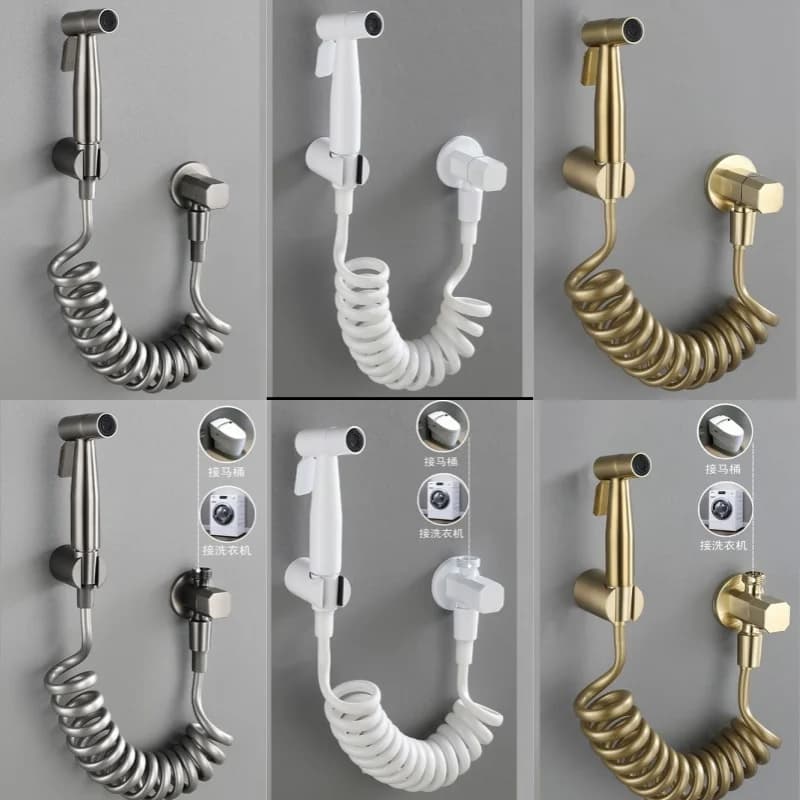 Spruzzatore per bidet portatile bidirezionale in oro spazzolato per annaffiatoio per WC Rubinetto per bidet Soffione doccia per bidet per autopulizia