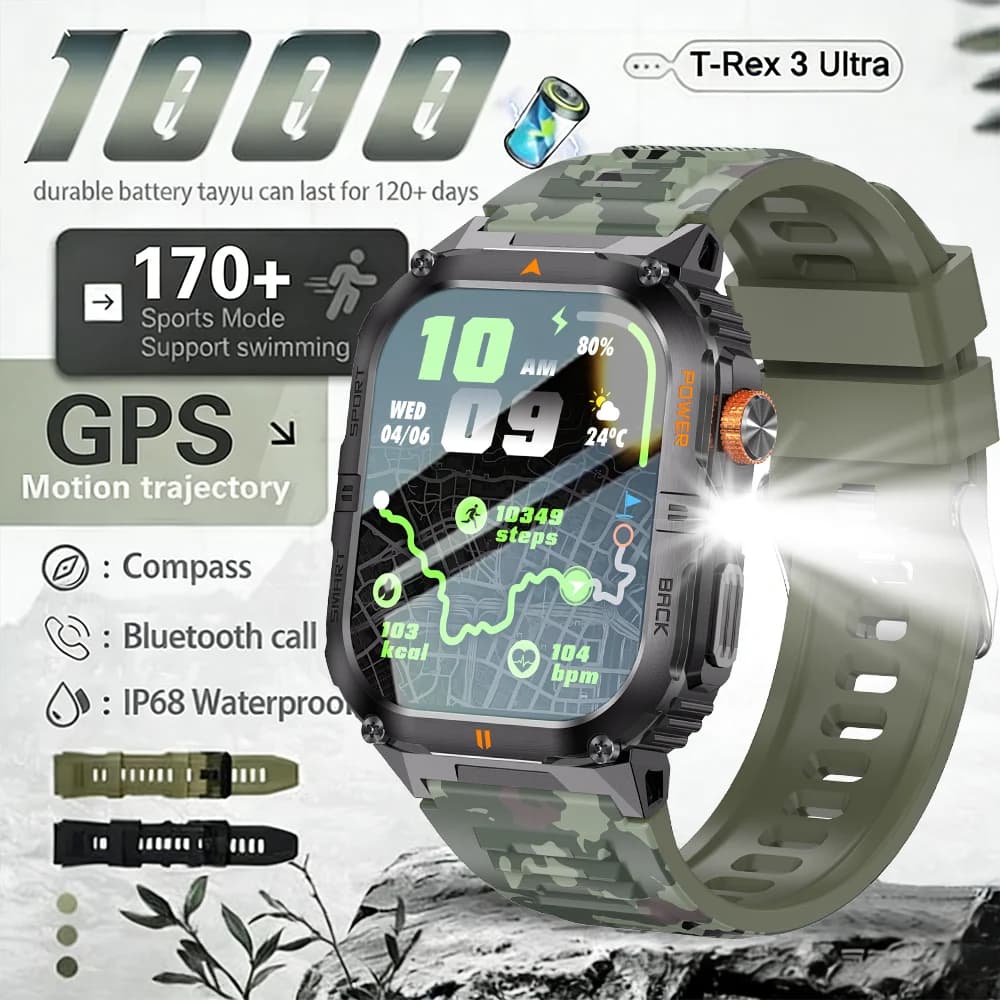 Smartwatch Militare T-Rex 3 Ultra con Batteria da 1000mAh, Impermeabile IP68, Torcia, Cardiofrequenzimetro, Tracker Sportivo, Novità 2026