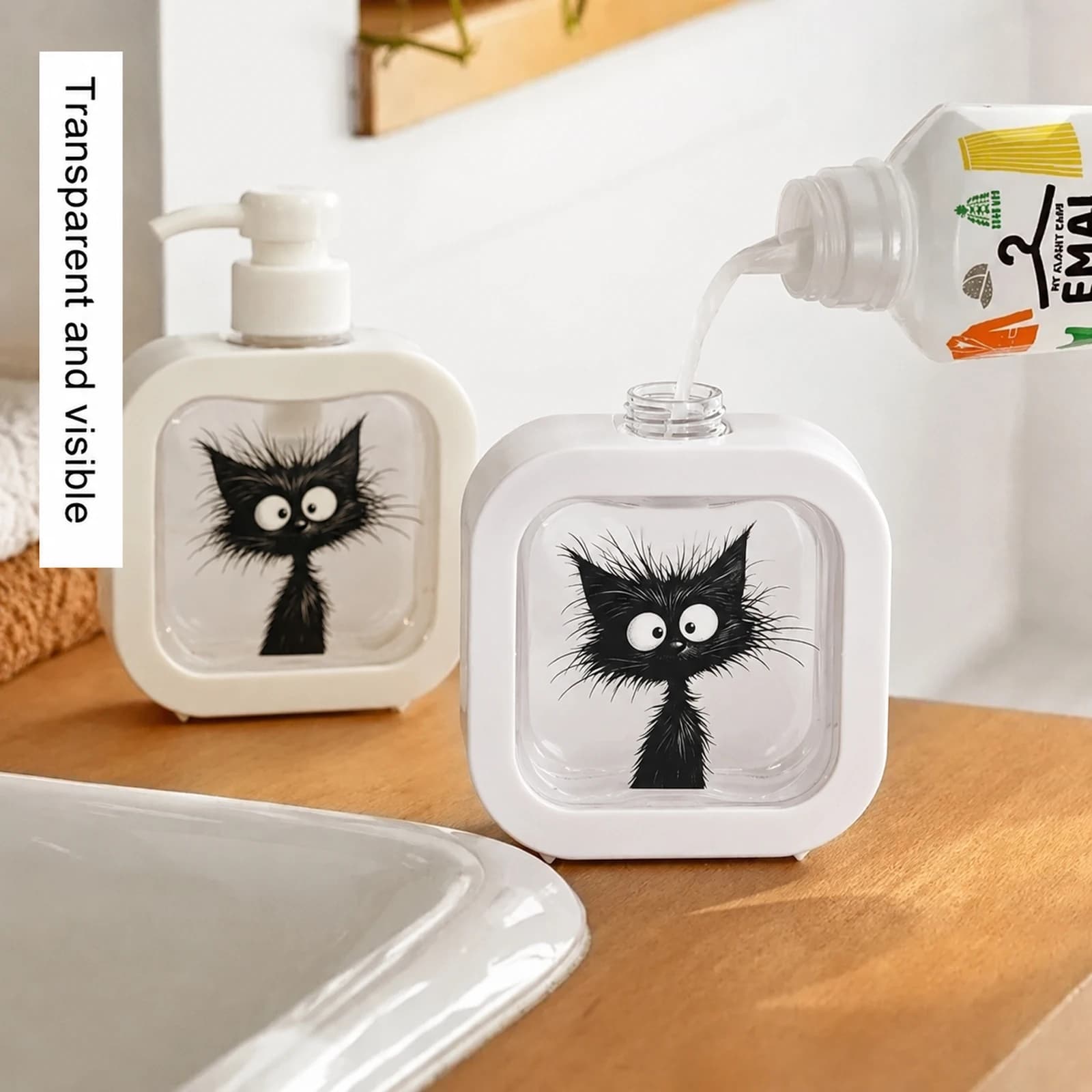 500ml Black Cat Print Refillable Soap Dispenser Transparent Pump Hand Lotion Bottle Cute Shower Gel Laundry Liquid Storage Bottl
