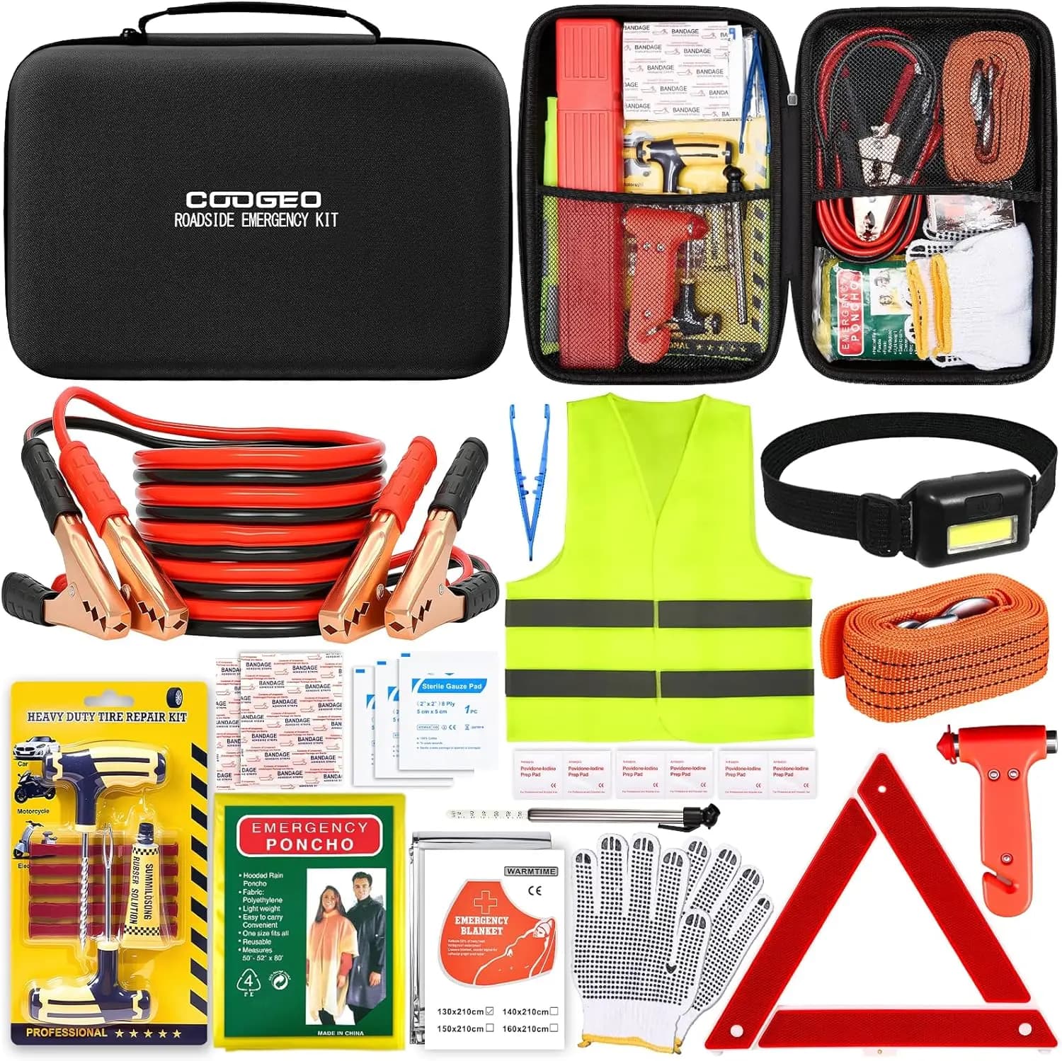 Kit di Emergenza per Auto 15 Pezzi con Cavi di Avviamento, Cinghia di Traino, Martello di Sicurezza, Pronto Soccorso per Auto e Camion