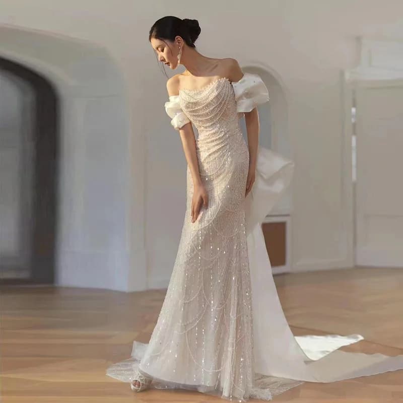 2025 Women's Elegant Evening Dresses Shiny High-end Pearls Sequins with bow New Year's Dance Dresses Birthday Dresses Ceremony Dresses