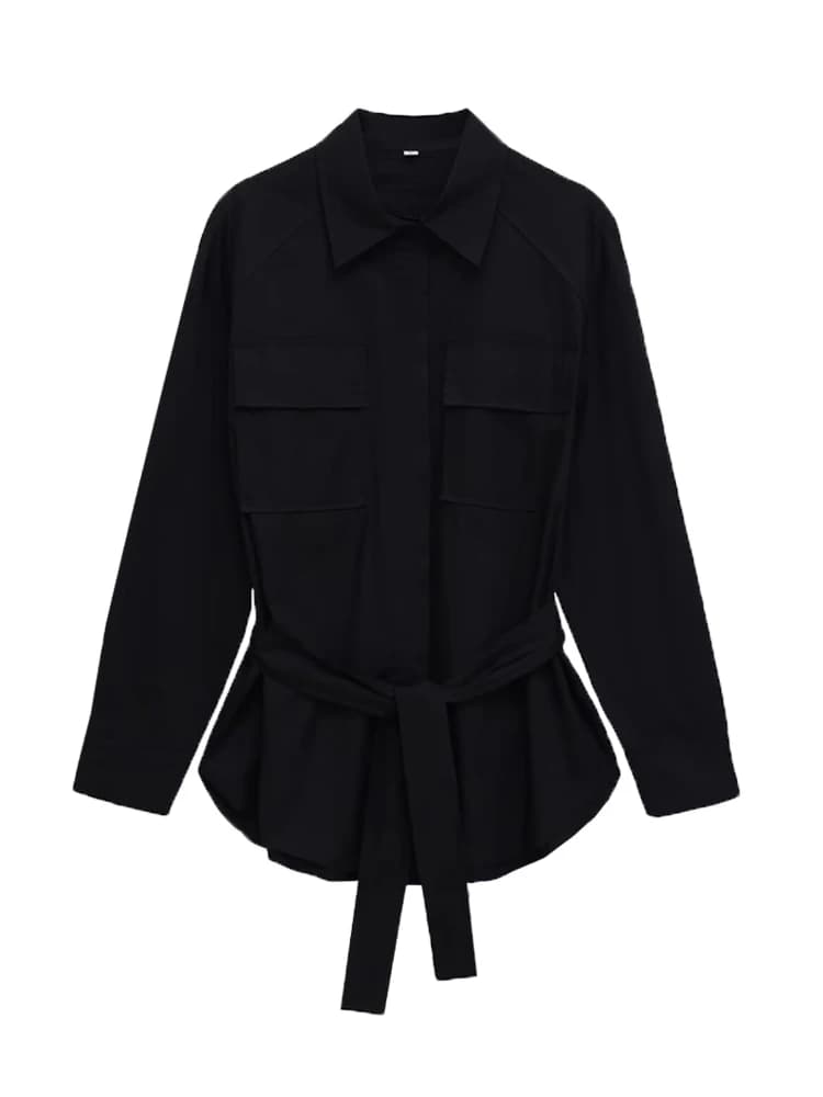 Women's Fashion with Belt Wide Shirts Women's Blouses Long Sleeved Top Chi