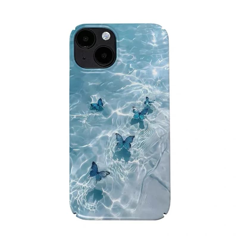 Ins Custodia per telefono in vetro coreano con farfalla blu mare per IPhone 17 16E 15 14 Plus 13 Mini 11 Pro Max 12 Pro Cover posteriore XS XR Custodia