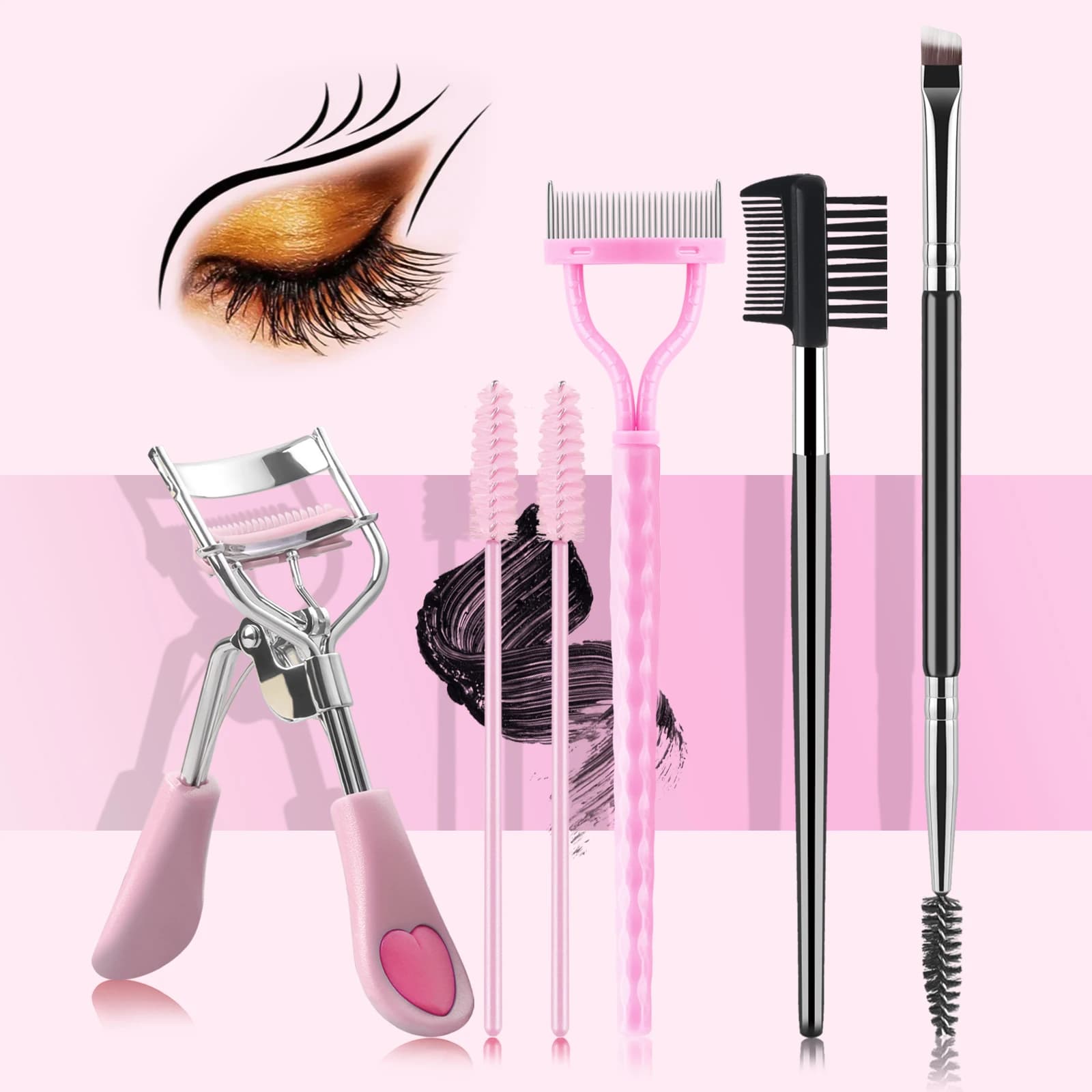 6Pcs Eyelash & Eyebrow Makeup Tools Kit Eyelash Curler Dual End Brow Brush Lash Comb Spoolie Applicator