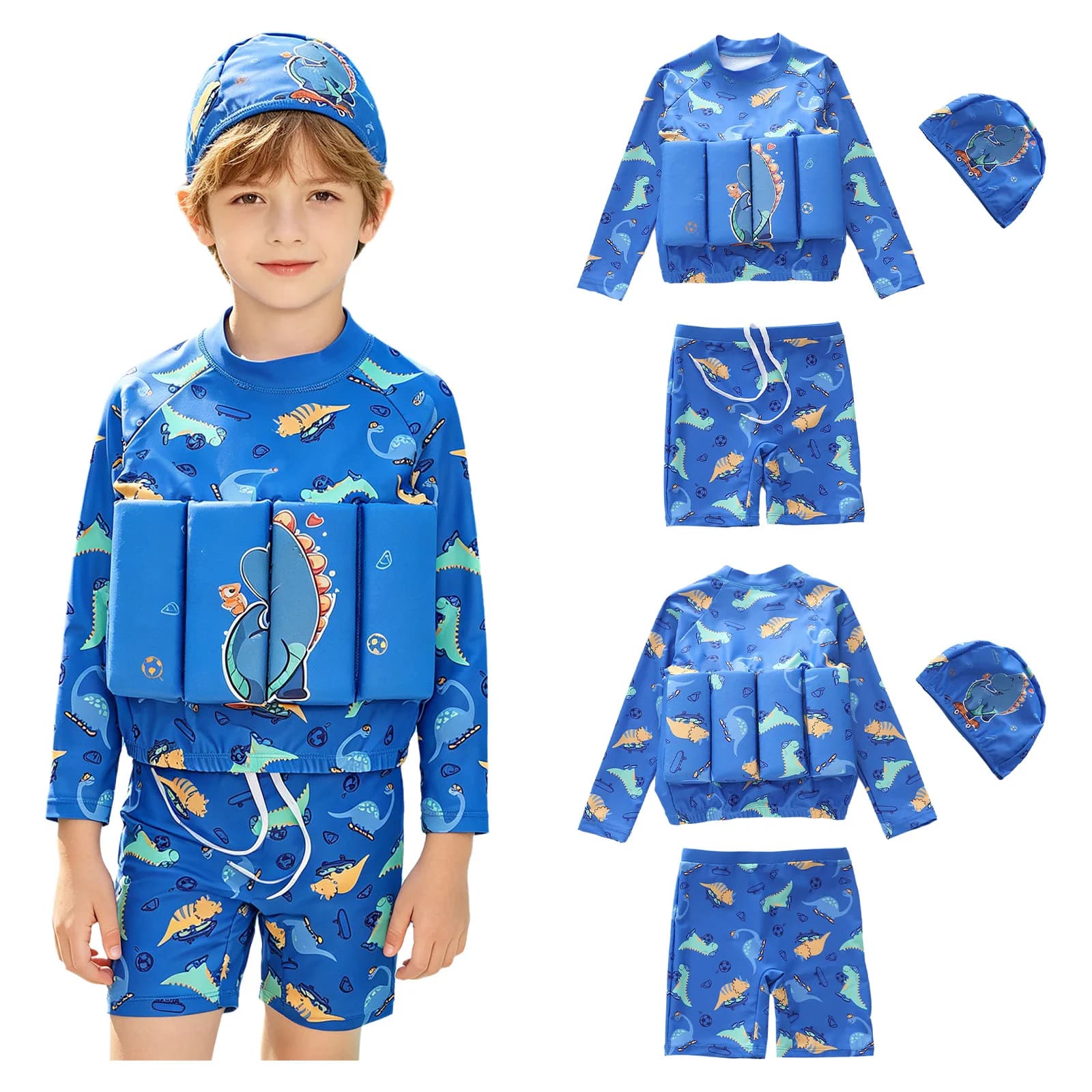 Set da Nuoto per Bambini con Galleggiante, Costume da Bagno a Maniche Lunghe con Pantaloncini e Cappello per Divertimento in Piscina