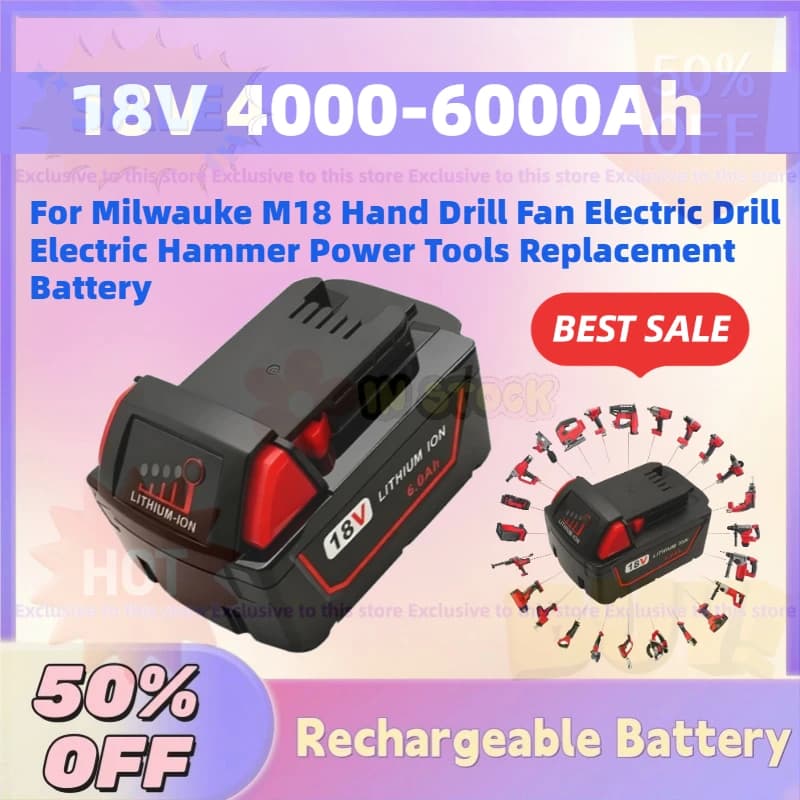Nuova Batteria Li-Ion 18V 4.0-6.0Ah per Trapano Manuale Milwauke M18, Trapano Elettrico, Martello Elettrico, Utensili Elettrici, Batteria di Ricambio