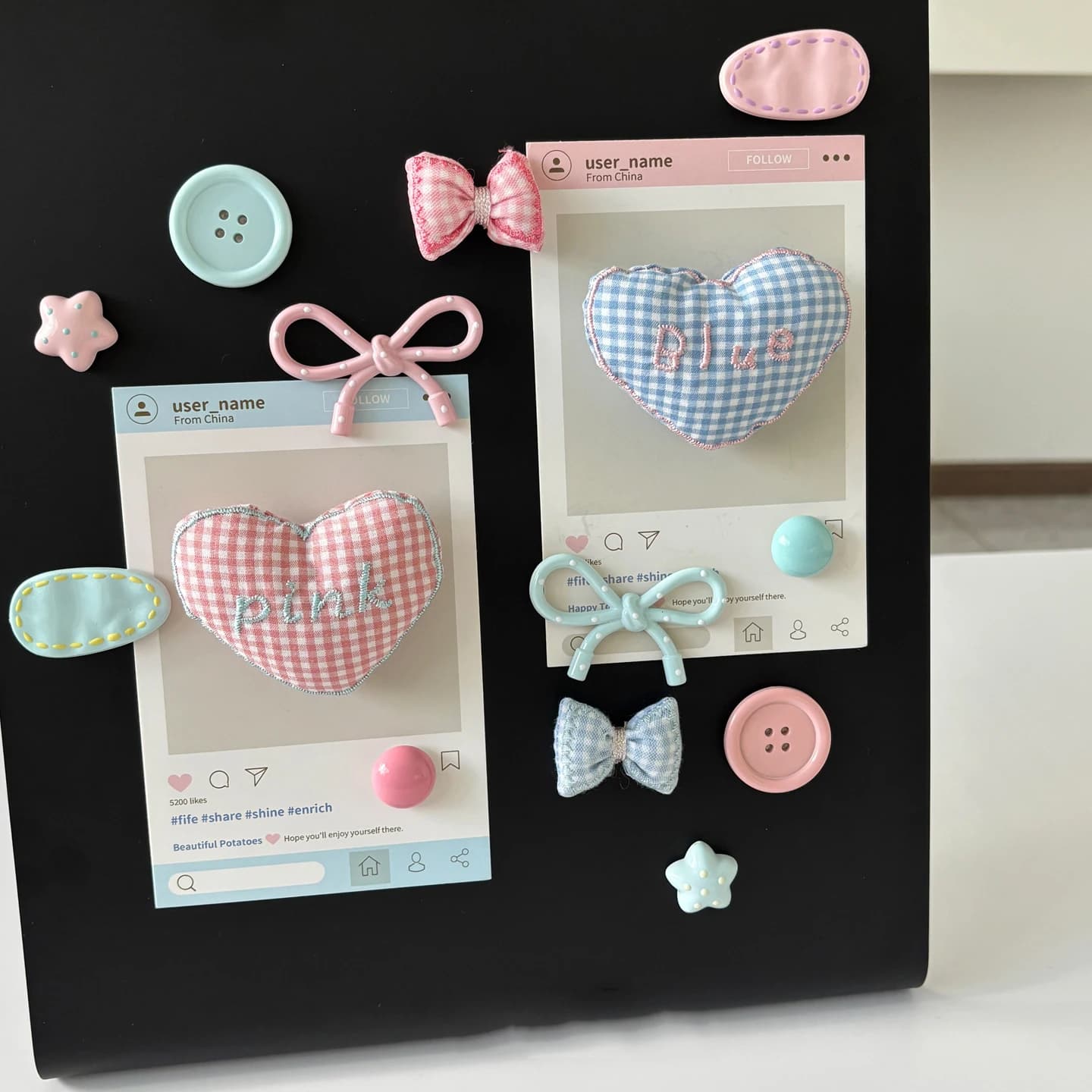 Coreano ins rosa blu adesivo magnetico per frigorifero tessuto cuore decorazione crema rosa lavagna ferro foro per armadio