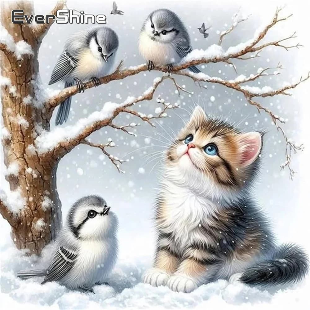 Evershine Cat Diamond Mosaic Animal DIY Picture Rhinestones Winter Diamond Painting Bird Winter Acrylic Craft Supplies Wall Art