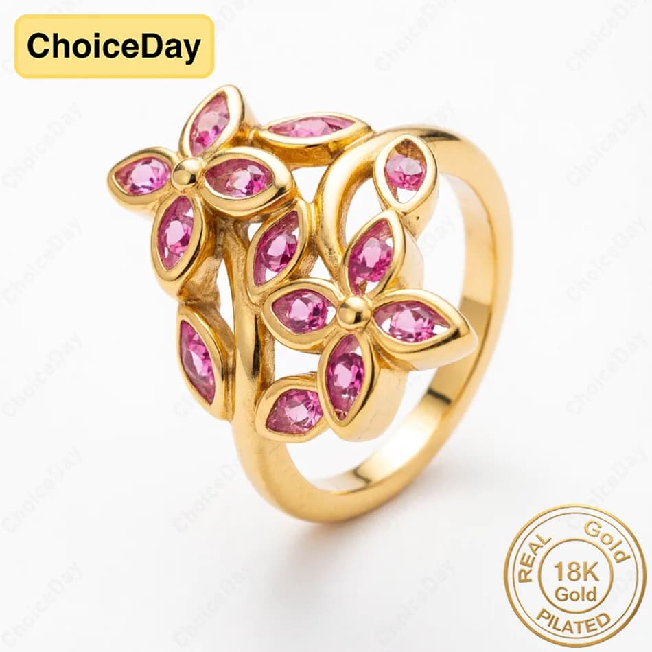 Anello di Lusso Placcato Oro 18K con Doppio Fiore di Zirconi Rosa per Donne, Accessorio Alla Moda per Matrimoni e Feste