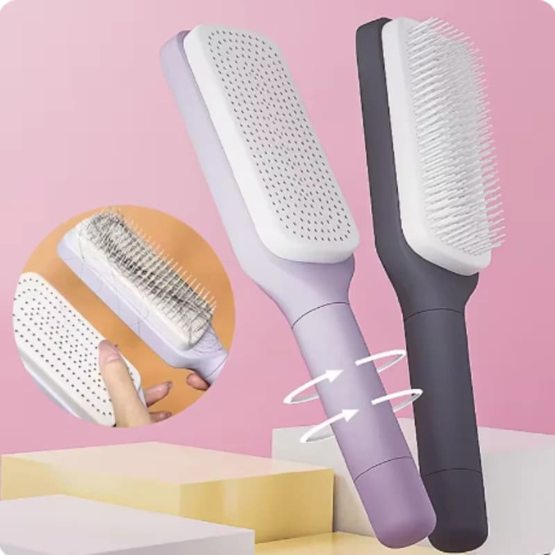 202419-Spazzola per Capelli Autopulente da Donna, Pulizia con Un Solo Tasto, Massaggio del Cuoio Capelluto, Pettine Anti-Caduta e Anti-Statico