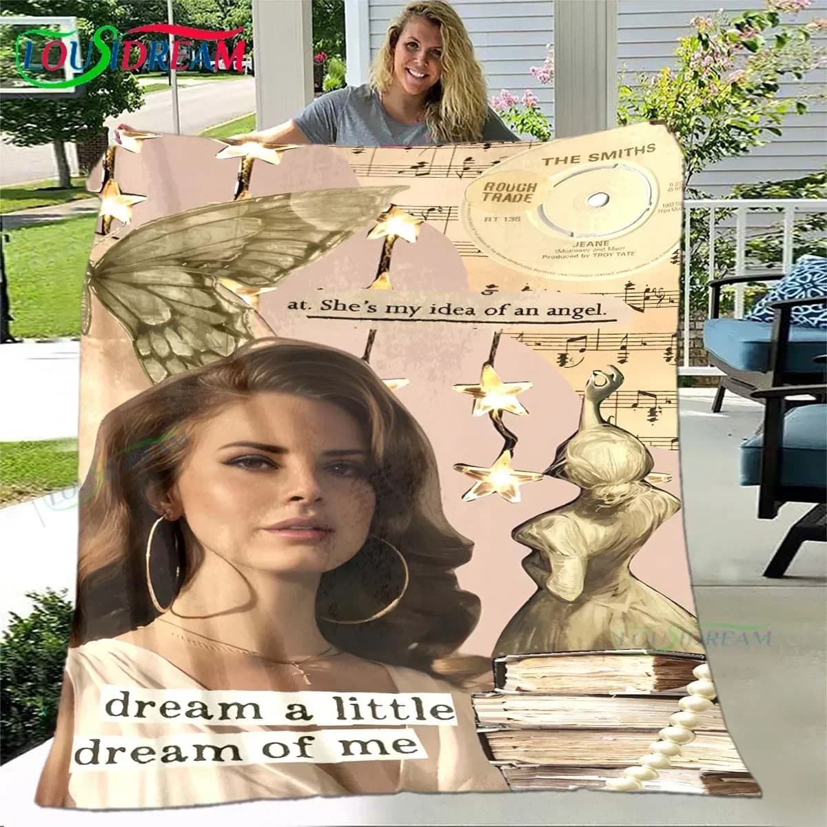 Coperta con motivo della cantante pop Lana Del Rey, coperta sottile in flanella con stelle, portatile, per casa, viaggio, ufficio, pausa pranzo