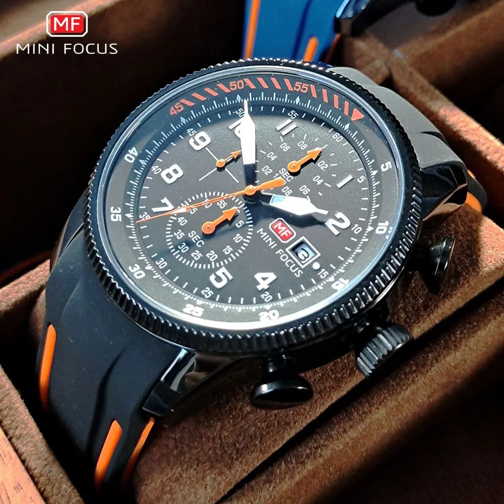 MINI FOCUS Men's Sports Quartz Watch Fashionable Waterproof Chronograph Wrist Watch with Blue Silicone Strap Luminous Date Automatic Luminous 0379