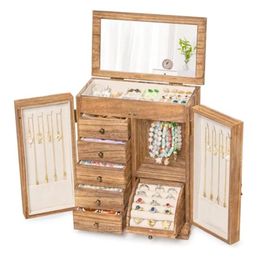 Portagioie Organizzatore in Legno Stile Rustico per Donna e Ragazza, Scatola Porta Gioielli a 6 Strati con Espositore per Bracciali