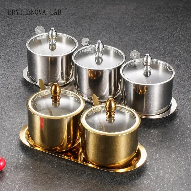 304 Stainless Steel Seasoning Pot Spice Canister Set with Glass Transparent Lid Salt Jars Organization Kitchen Container Set