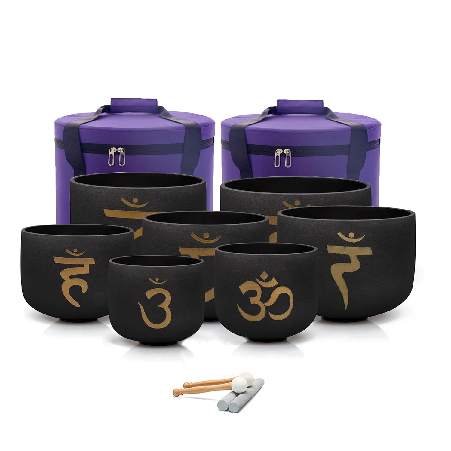 Hye-eun 7-12 Inch Black Chakra Design Frosted Quartz Crystal Singing Bowl Set of 7pcs for Sound Healing with Carry Bags