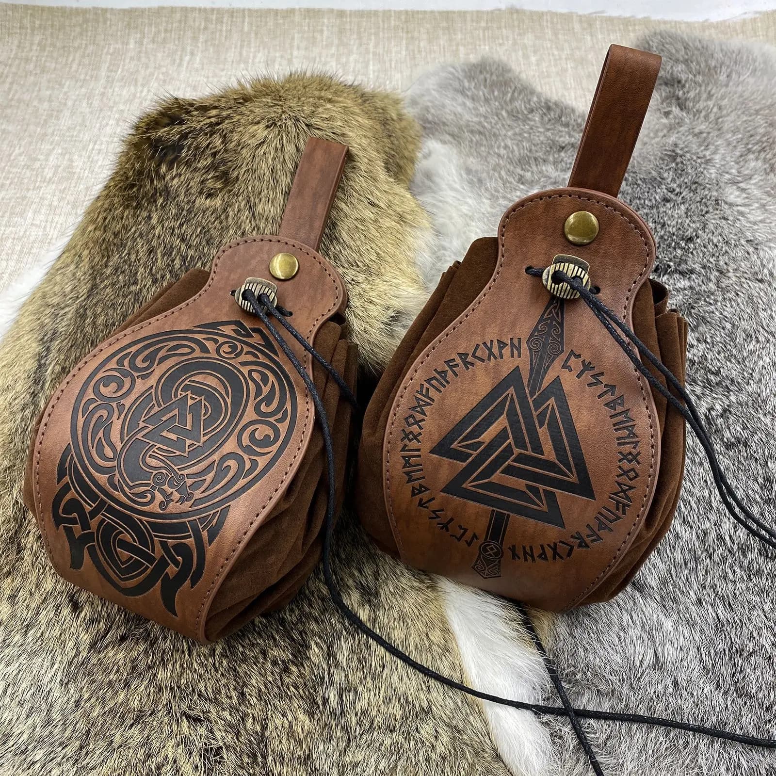 Vikings Rune Pouch String Coins Bag with Drawstring Vintage Costume Halloween accessory Kit medieval ring belt in suede leather for adults
