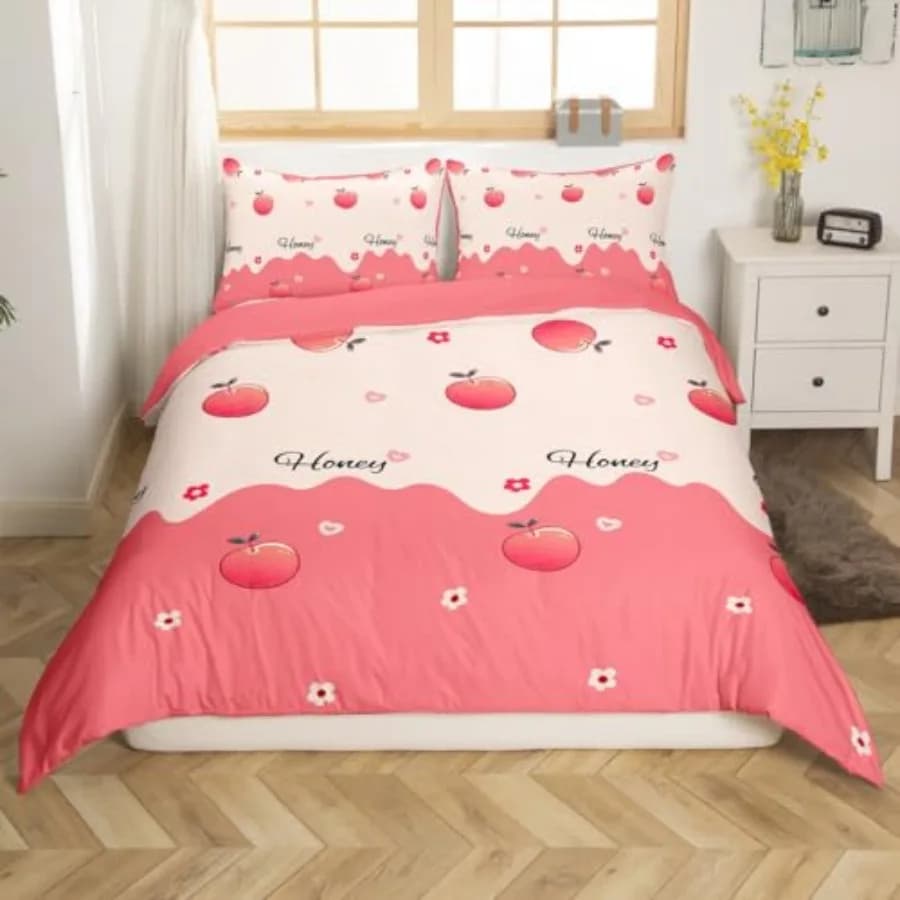 Peach Duvet Cover Full Size Pink Bedding Set for Adult Women Girls Pink Reversible Luxury Comforter Cover 1 Duvet Cover + 2 Pil