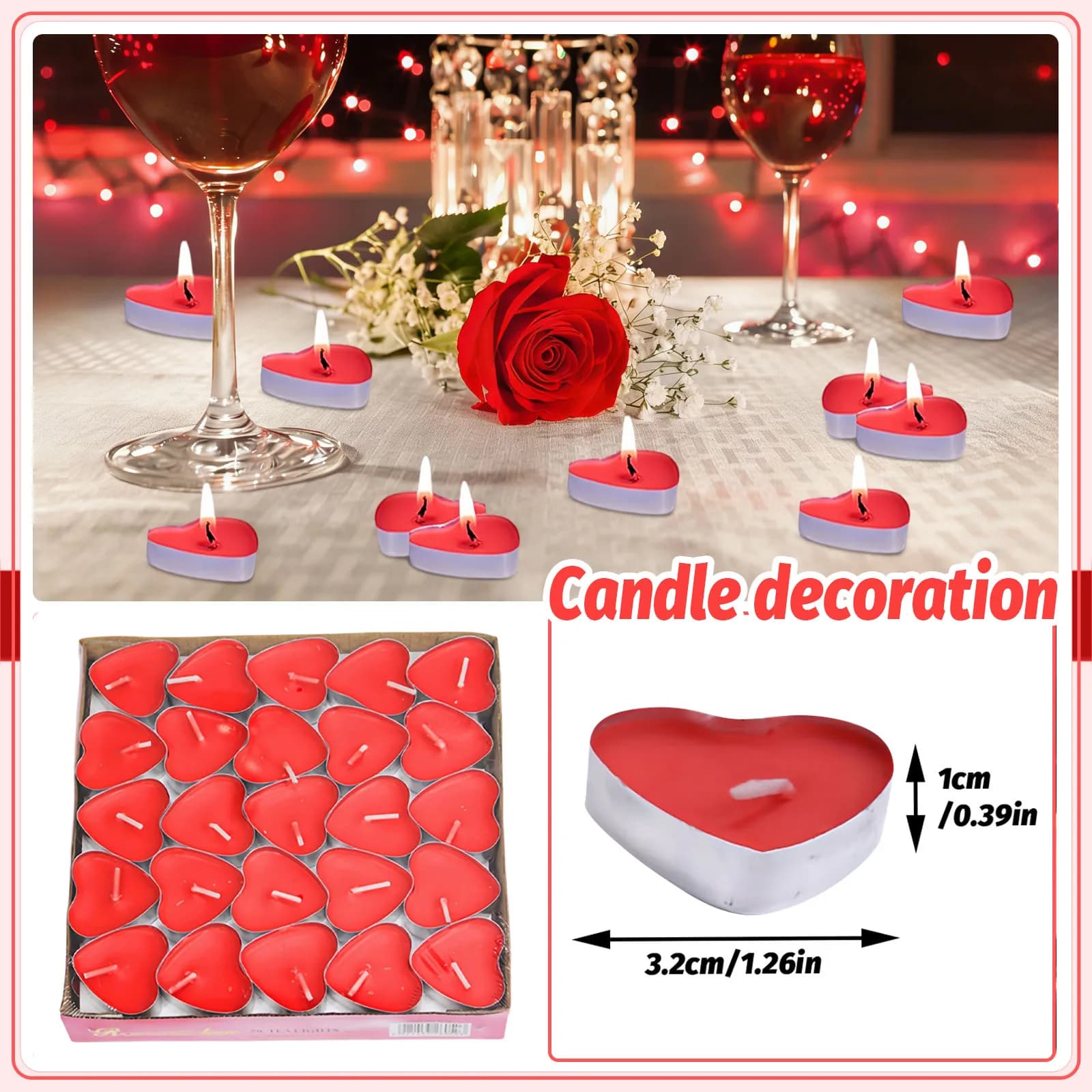 Tealight Candles in Heart Shape 50 Pieces, Romantic Decoration for Valentine's Day, Weddings, Anniversary, Centerpiece, Wedding Proposals