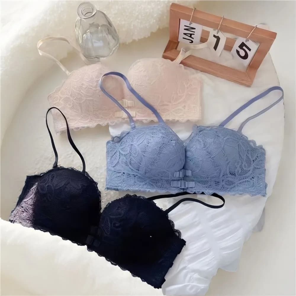 Comfortable Deep V Front Button Bra Push-Up Underwear Wireless Bra Anti-sagging Lace Gathered Bra Daily Wear