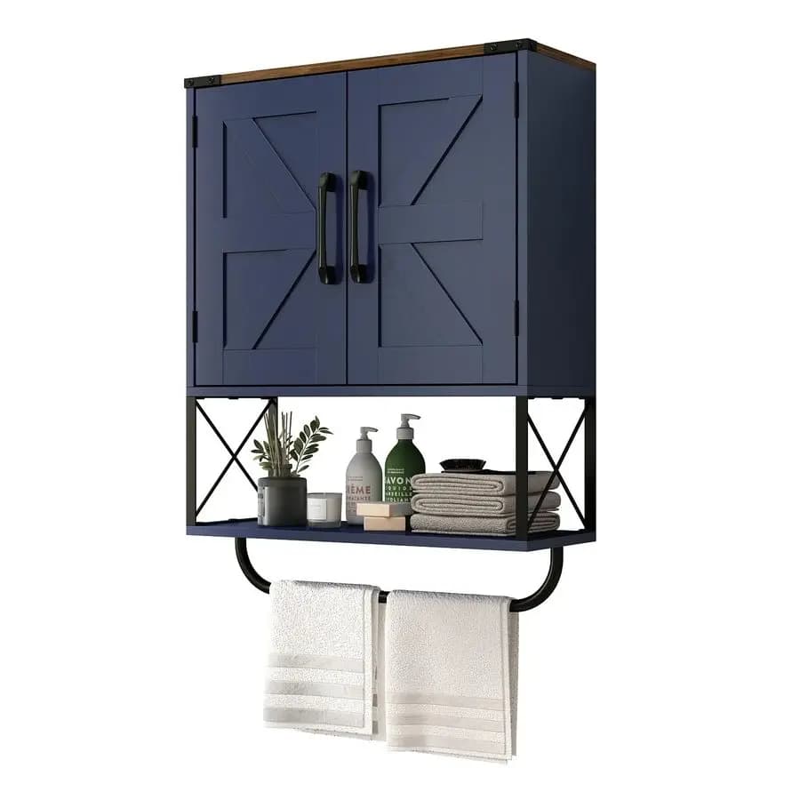 Armadietto per medicinali in stile rustico con 2 ante scorrevoli, mobiletto da parete in legno stile boho con ripiano regolabile e portasciugamani, 3 livelli