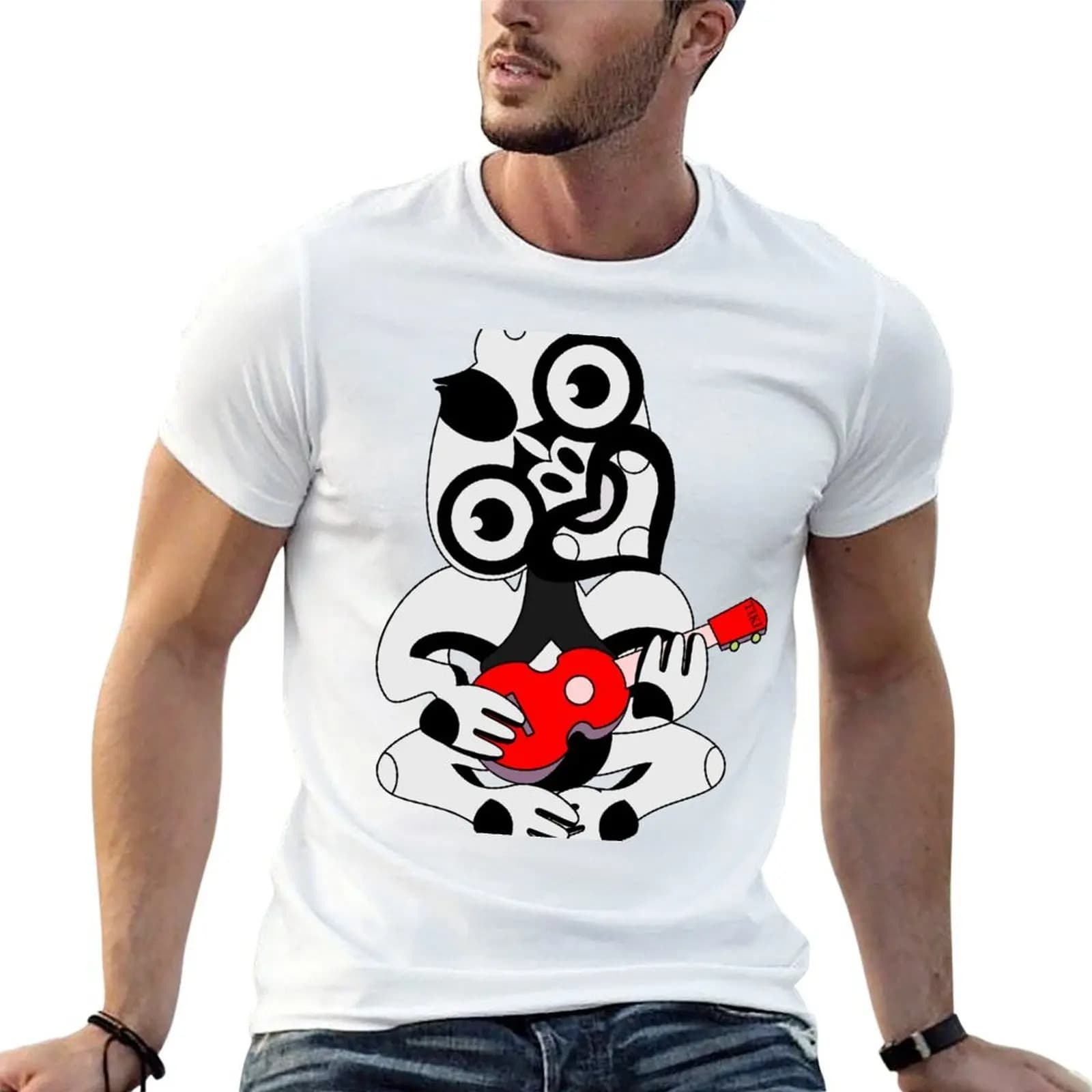 T-shirt Hei Tiki che suona un ukulele rosso, t-shirt essenziale da uomo, t-shirt in cotone per uomo, t-shirt divertente con grafica