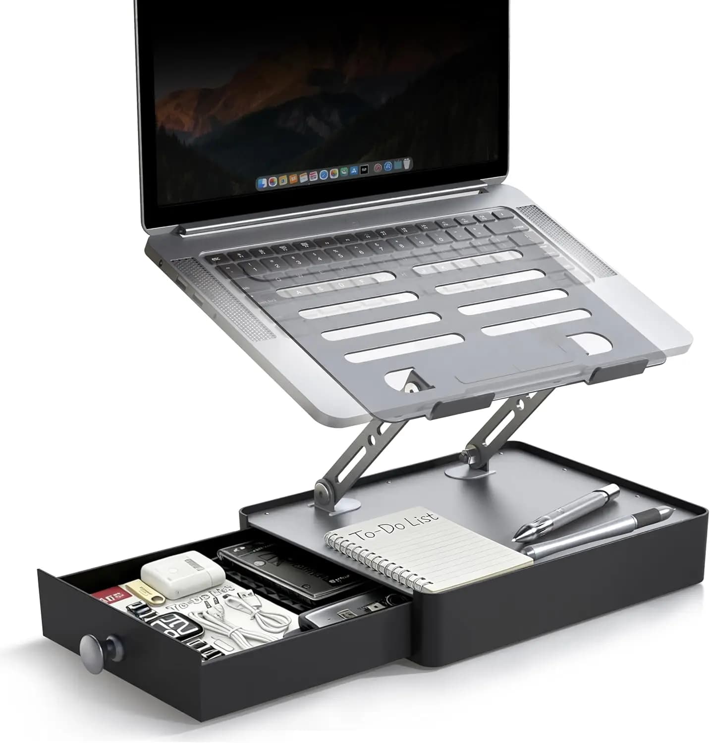 Supporto per laptop resistente con cassetto portaoggetti, altezza e angolazione ergonomiche per laptop da 10-16,2 pollici, grigio