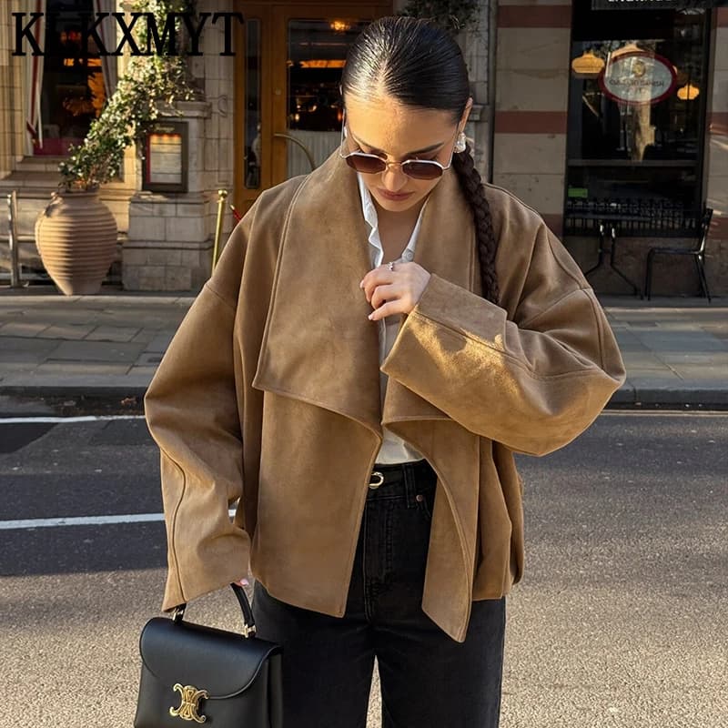 KLKXMYT Women's Khaki Suede Jacket 2026 New Spring Fashion Wrap Jackets For Women Coat Streetwear Casual Chic Ladies Outerwear
