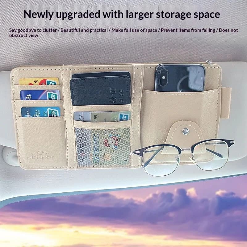 Organizer per visiera auto, portaoggetti da viaggio multifunzionale, porta documenti con tasche multiple, custodia in pelle PU per carte e ricevute con cerniera.